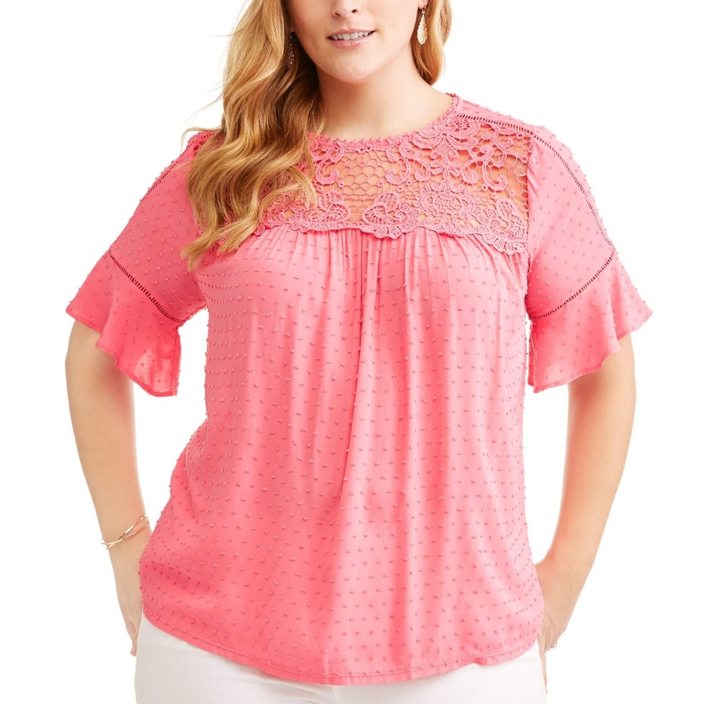 Pink plus size top 4x flowy Lace Yoke With Ruffle